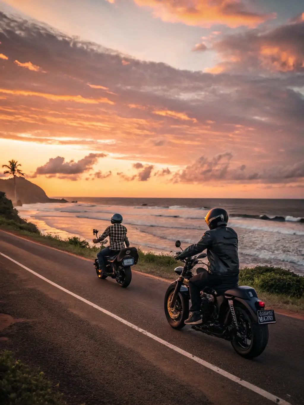 A group of motorcyclists riding through a mountain pass at sunset, participating in a GARE AUX SERROIS organized event.