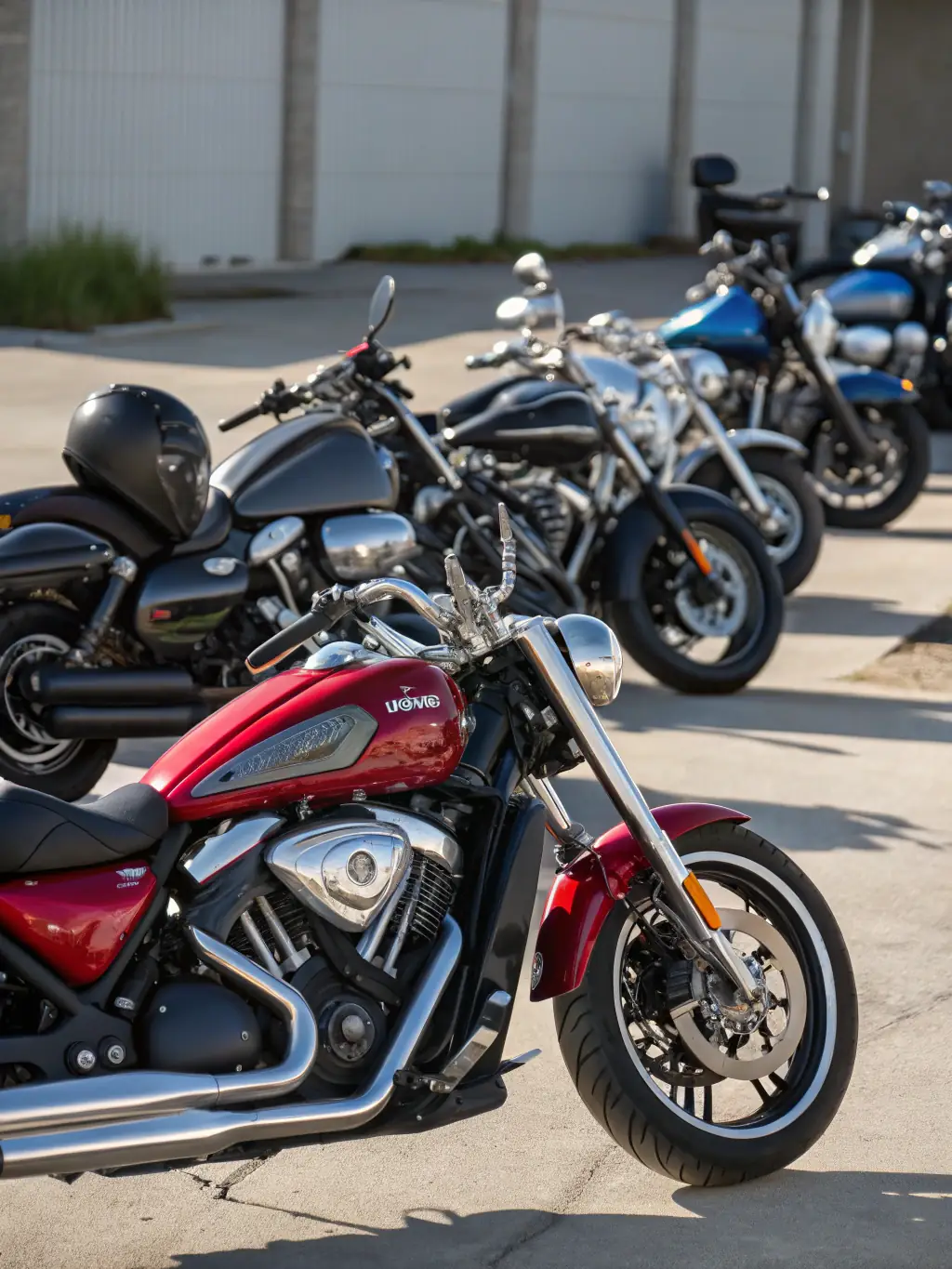 A group of motorcycles parked at a local cafe, with riders enjoying refreshments and conversation.
