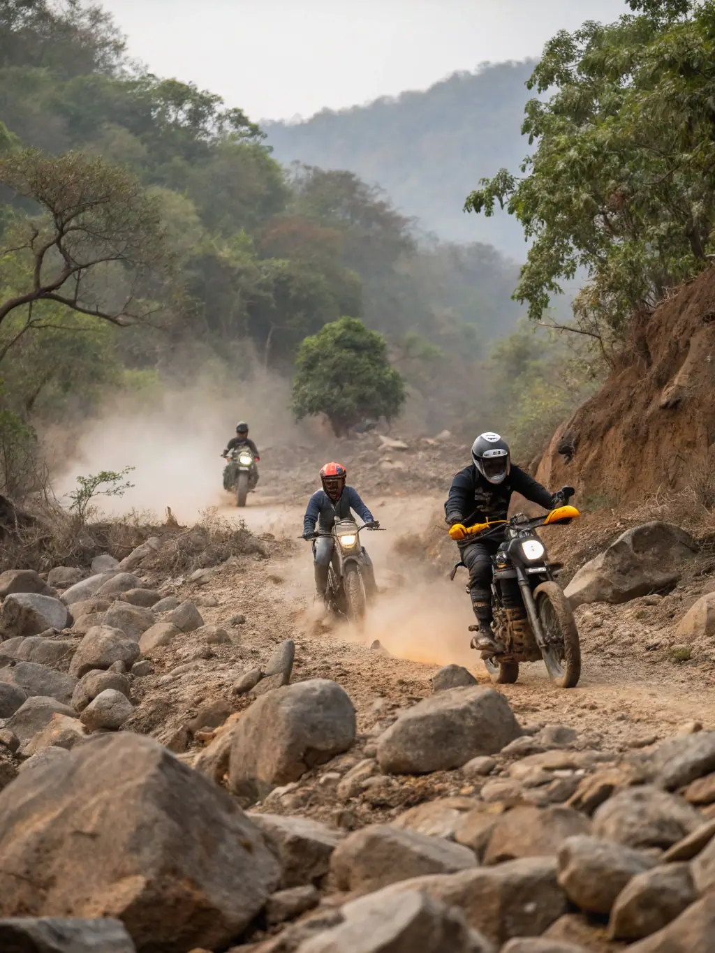 A photograph of a group of motorcyclists riding through a mountain pass, sunlight filtering through the trees, showcasing a GAS group ride.