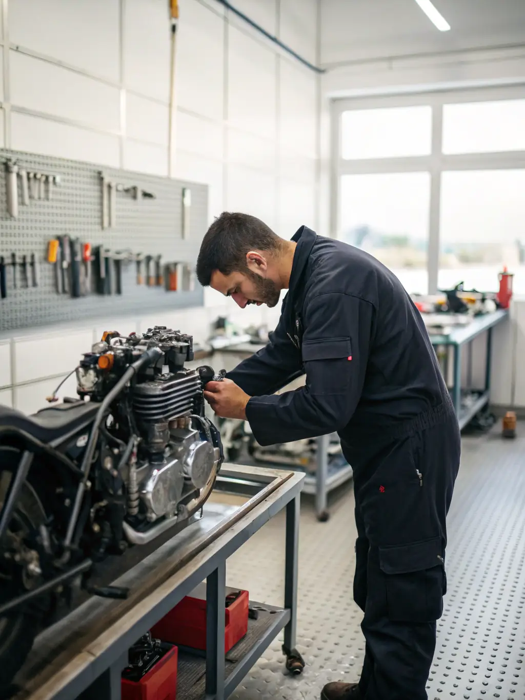 A photo of a motorcycle maintenance workshop, with members learning about basic repairs and safety checks.