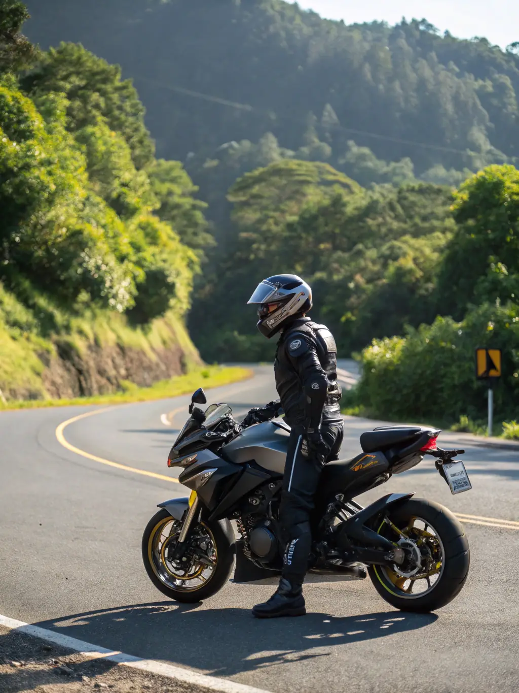 A close-up shot of a motorcycle parked at a scenic overlook, with a rider admiring the view of the valley below, representing a GAS-organized scenic tour.